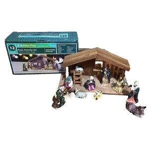 Holiday Time 12 Piece Hand-painted Porcelain Nativity Set Original Box 90s